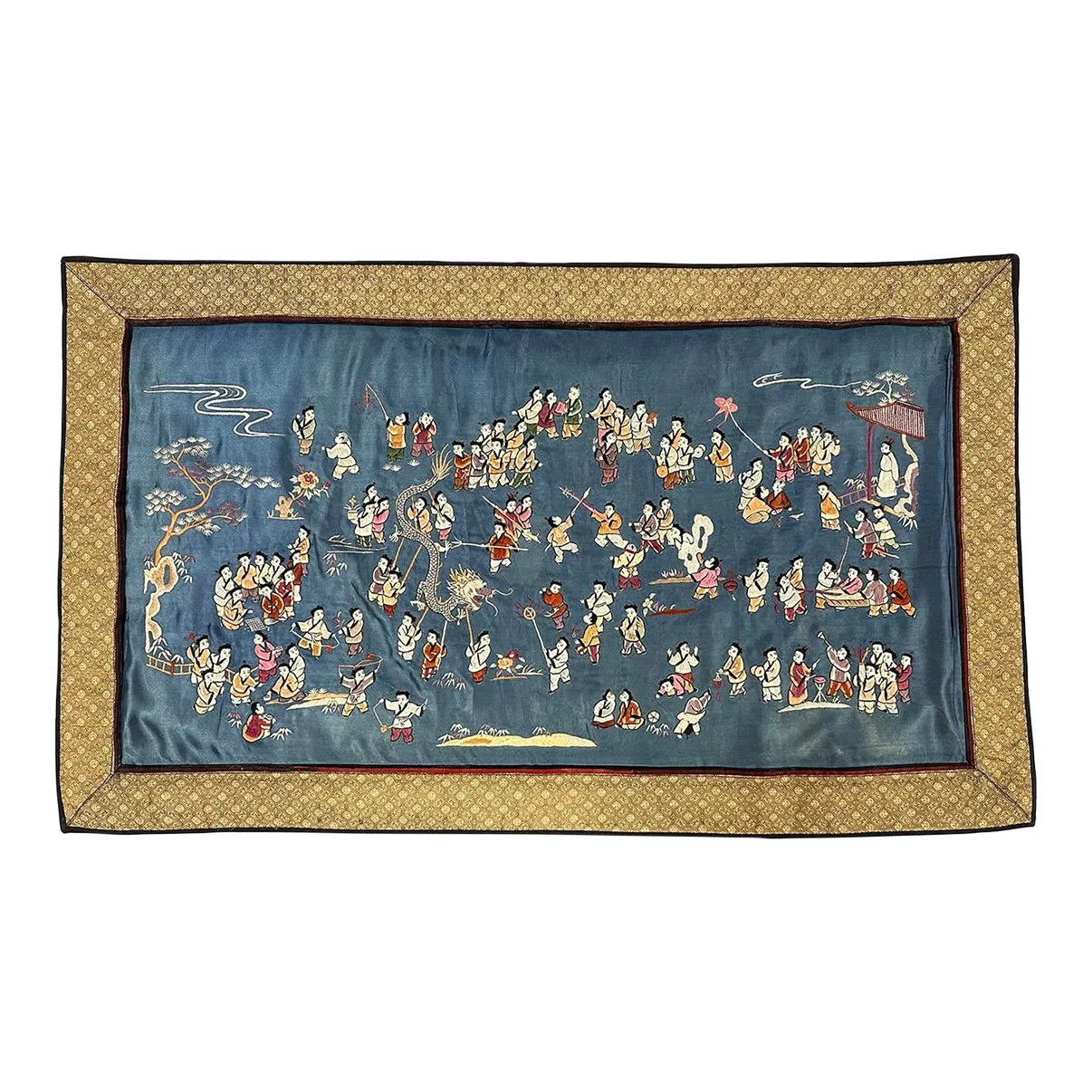 Mid-20th Century Chinese Silk Embroidery Baizi Playing in Spring