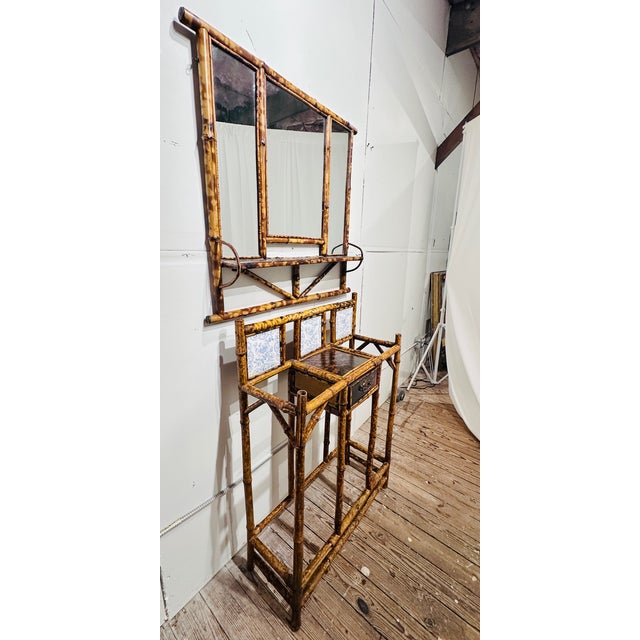 Antique English Aesthetic Era scorched bamboo and tile table, umbrella holder, and mirror 2-piecer. Stunning blue and...