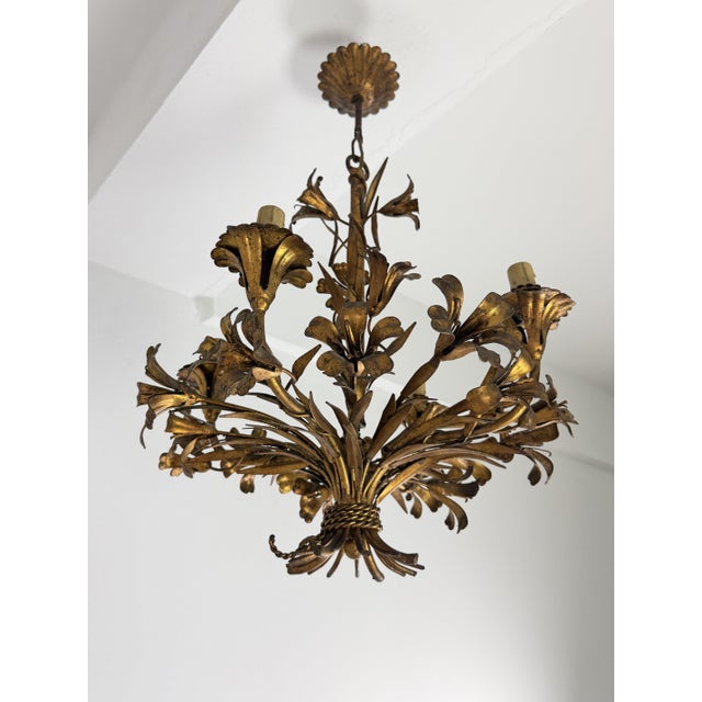 Four-Light Chandelier in Gold-Colored Wrought Iron, Italy, 1950 For Sale - Image 4 of 9