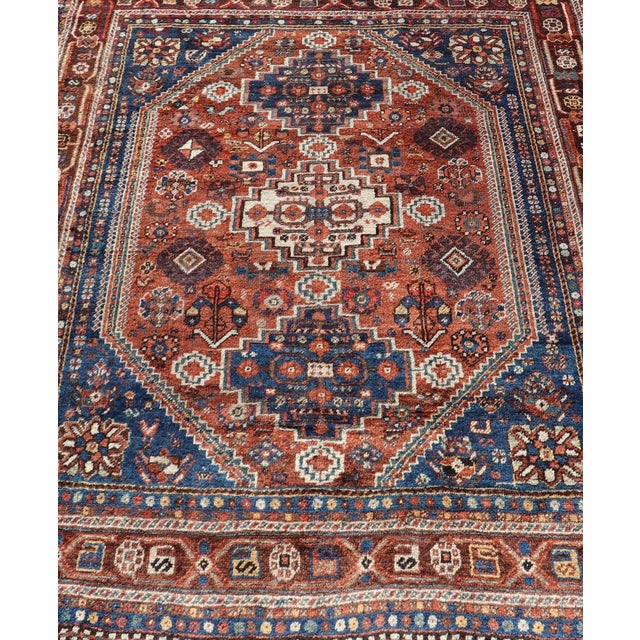 Early 20th Century Antique Persian Shiraz Rug Tri-Medallion Geometrics in Rusty Orange and Blue** For Sale - Image 5 of 14
