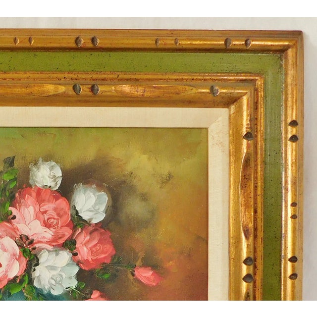Vintage Mid Century Signed Floral OIl Painting Solid Wood Green & Gold Frame For Sale In West Palm - Image 6 of 12