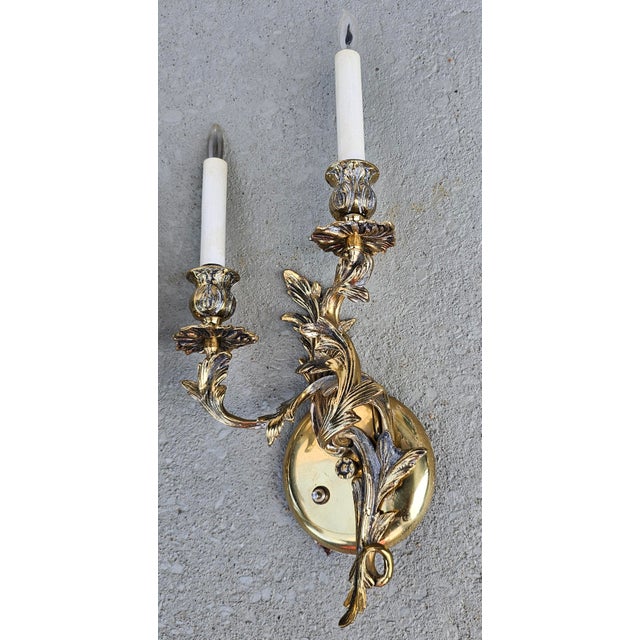 Victorian Pair of Mid 20th Century Swedish Victorian Rococo Style Brass Two Light Wall Sconces For Sale - Image 3 of 10