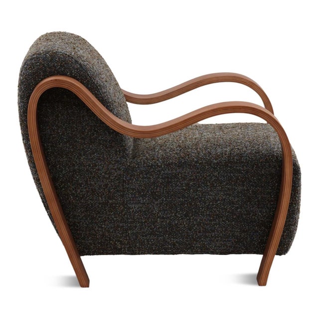 Art Deco Ribbon Wood & Dark Boucle Art Deco Arm Chair For Sale - Image 3 of 7