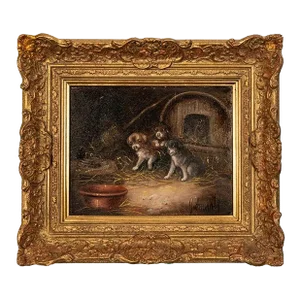 Antique Oil Painting Three Terrier Puppies Dogs in a Stable With a Caged Rat by George Armfield 1860