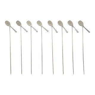 Vintage Sterling Silver Tennis Racket Cocktail Picks - Set of 8 For Sale
