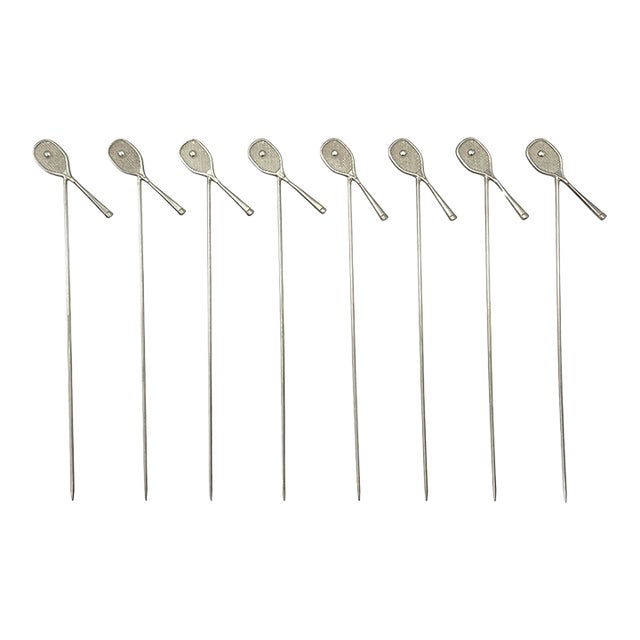 Vintage Sterling Silver Tennis Racket Cocktail Picks - Set of 8 For Sale