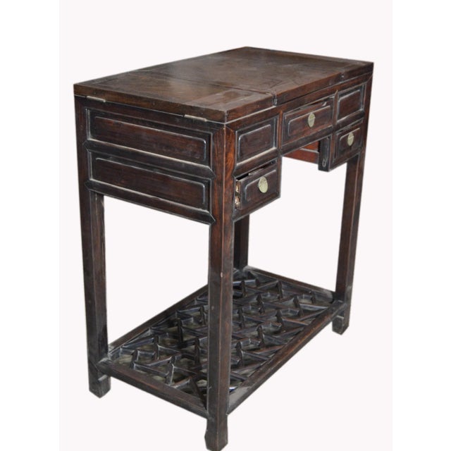 Chinese Vintage Dark Lacquered Wood Dressing Table With Mirror and Drawers For Sale - Image 4 of 8