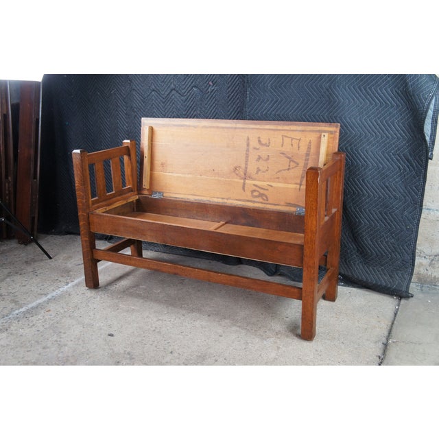Antique Mission Arts & Crafts Quartersawn Oak Hall Storage Bench Seat Settee 50" For Sale - Image 4 of 13