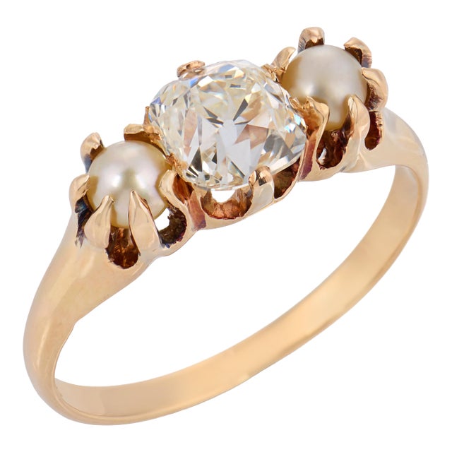 Late 19th Century Victorian Gia Old Mine Cut Diamond Pearl 14k Yellow Gold Ring, Size 4.25 For Sale