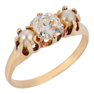 Late 19th Century Victorian Gia Old Mine Cut Diamond Pearl 14k Yellow Gold Ring, Size 4.25