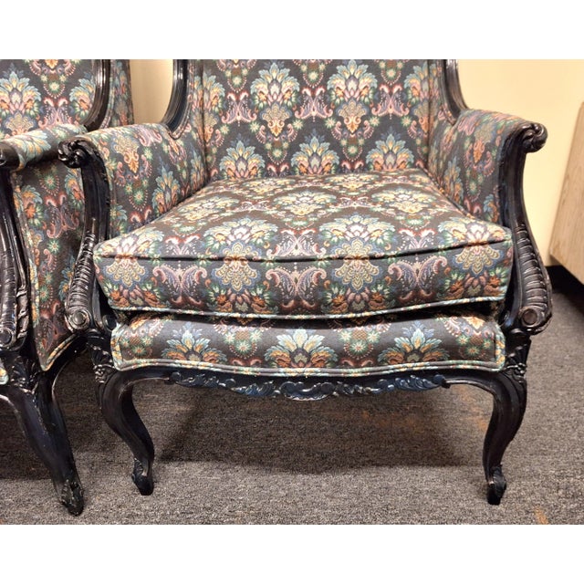 Early 20th Century Early 20th Century Pr. Of Antique Rococo Style Paint and Hand Carved Upholstered Wingback Chairs - Set of 2 For Sale - Image 5 of 12
