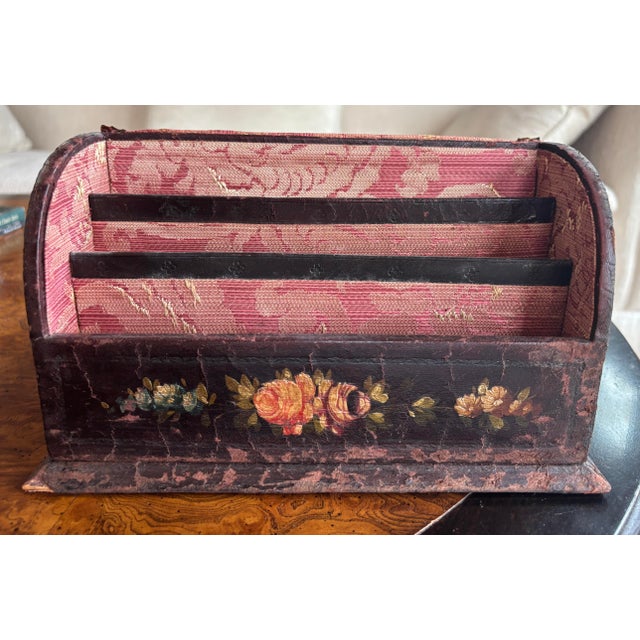 Victorian Victorian Hand - Painted Leather Letter Box, Floral Decor, C 1860-1880 For Sale - Image 3 of 12