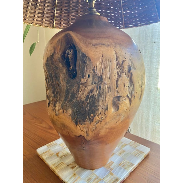 Organic Modern Turned Burl Hardwood Lamp With Woven Wicker Shade For Sale - Image 11 of 11