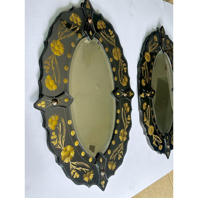 Light Gray Pair of Mid-Century Italian Venetian Black Glass and Gilt Floral Mirrors, 1960s For Sale - Image 8 of 18