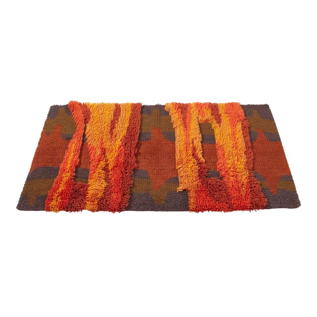 Mid Century Scandinavian High Pile Red and Orange Rya Rug For Sale