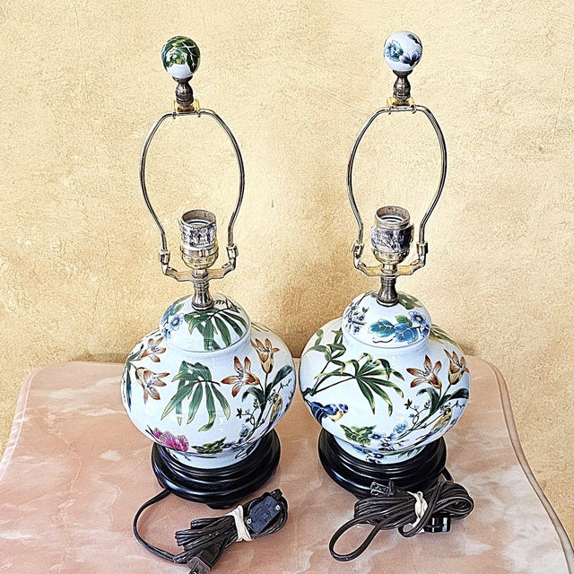Cream Vintage Chinoiserie Porcelain Bird & Floral Table Lamps With Shades - a Pair For Sale - Image 8 of 18