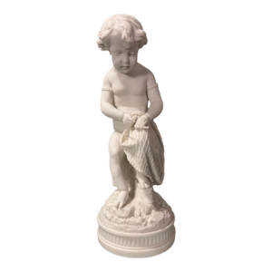 Antique Victorian 13.25" Art Nouveau Figural Parian Statue of a Cherub With Net
