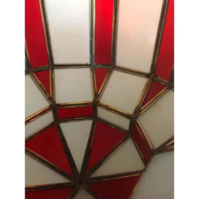1990s Art Deco-Style White Milk & Red Glass & Bronze Chandelier, Pendant or Lantern For Sale - Image 16 of 18