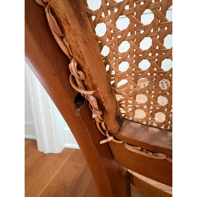 Wood Early 1900s Colonial Revival Cane Rocking Chair With Burlwood Crest Inlay | Traditional Americana Rocker For Sale - Image 7 of 9