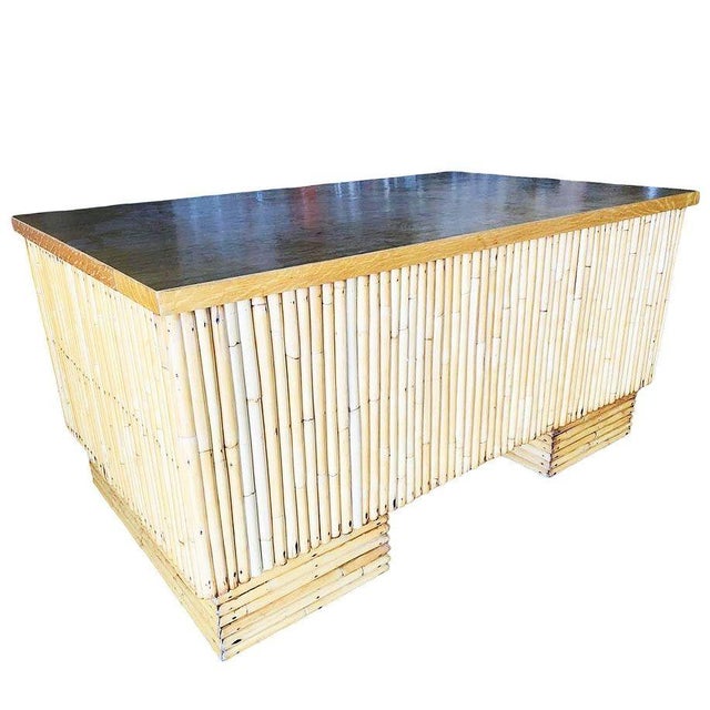 Wood Restored Mid-Century Vertically Stacked Rattan & Mahogany Executive Desk For Sale - Image 7 of 11