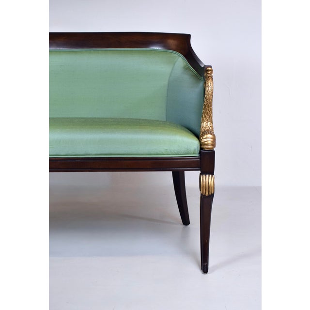 French Empire Style Curved Walnut Settee With Dolphin Arms, New Green Silk For Sale - Image 9 of 13