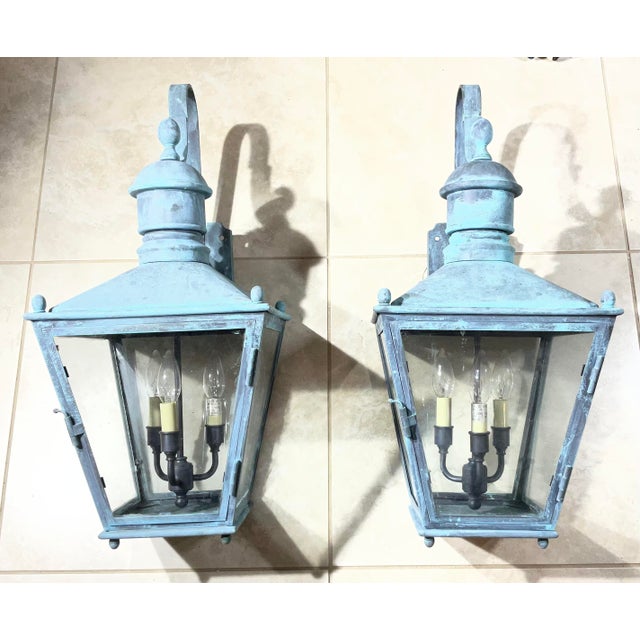Large Pair of Vintage Solid Brass Wall Lanterns - 12”x 12”x 24” For Sale - Image 15 of 15