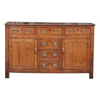 19th Century English Oak Buffet with Six Drawers, Two Doors and Brass Hardware For Sale