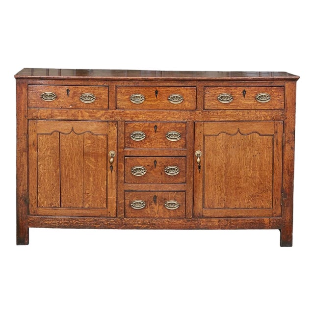 19th Century English Oak Buffet with Six Drawers, Two Doors and Brass Hardware For Sale