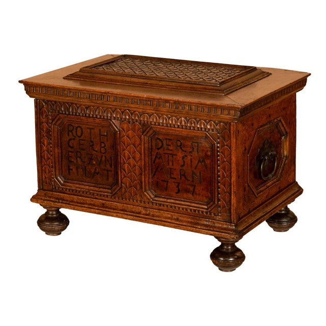 Brown Antique Carved Walnut & Iron Coffer Chest Strong Guild Box Simmern Germany 1737 For Sale - Image 8 of 18