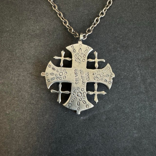 Vintage Jerusalem Cross Pendant Necklace 800 Silver Blue Lapis Cabachon Stones For Sale - Image 6 of 10