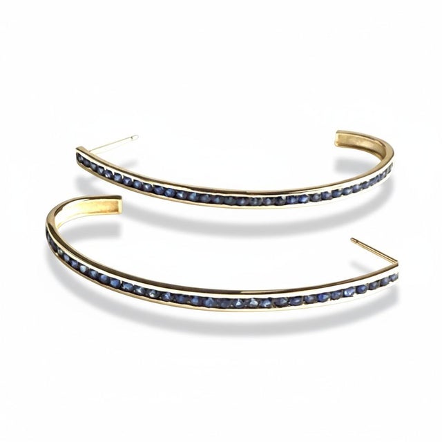 14k Yellow Gold Large Hoop Earrings With 2.15ct Round Sapphires, Pair For Sale In New York - Image 6 of 7