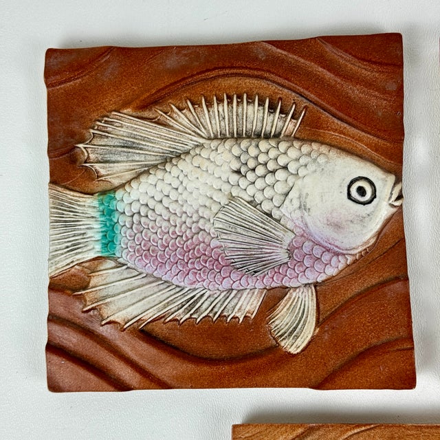 American Set of 6 Natalie Surving Studios Fish Design Architectural Ceramic Tiles For Sale - Image 3 of 10