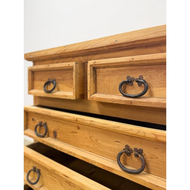 Late 20th Century Mexican Solid Pine Five Drawer Dresser Wrought Iron Pulls Rustic Farmhouse Chest For Sale - Image 9 of 13