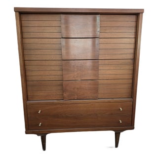Mid-Century Modern Walnut Highboy Dresser With Sculptural Slatted Front For Sale