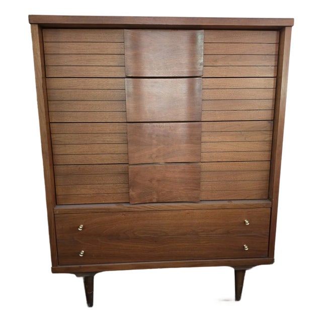 Mid-Century Modern Walnut Highboy Dresser With Sculptural Slatted Front For Sale
