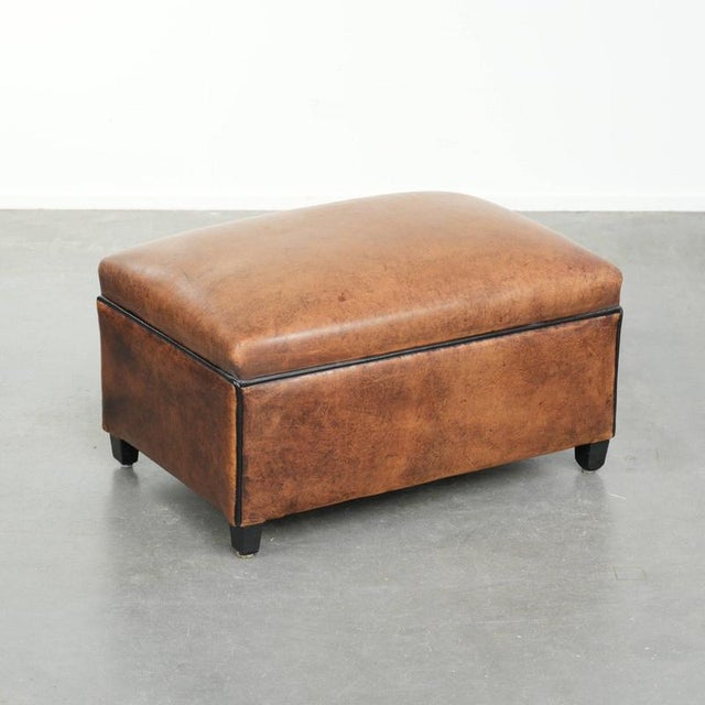 Sheepskin Ottoman with Black Piping For Sale - Image 9 of 9