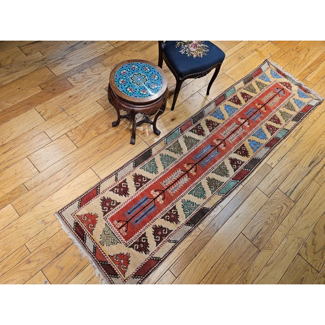 Mid 20th Century Vintage Turkish Oushak Runner, Handwoven Wool Pile, Geometric Design, 3' x 9' For Sale - Image 5 of 16