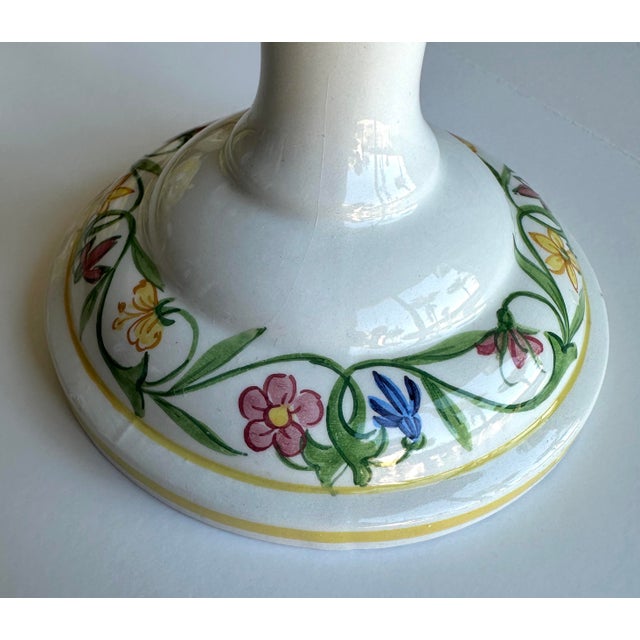 1970s Italian Hand-Painted Ceramic Floral Candlestick Holders - Pair For Sale - Image 5 of 9