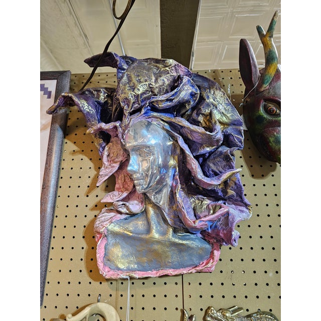 View of Postmodern Metal and Paper Mache Lady Face Wall Sculpture | Chairish