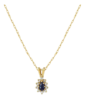 Half Carat Sapphire Diamond Halo Necklace 14k Yellow Gold 16"