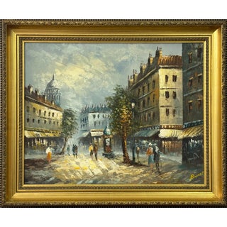 Parisian Street Scene with Figures by British Artist 1980 Circa For Sale