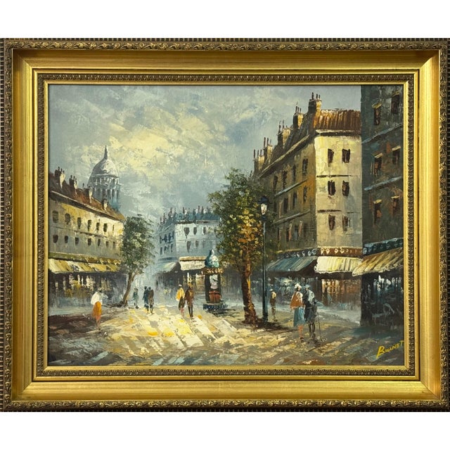 Parisian Street Scene with Figures by British Artist 1980 Circa For Sale