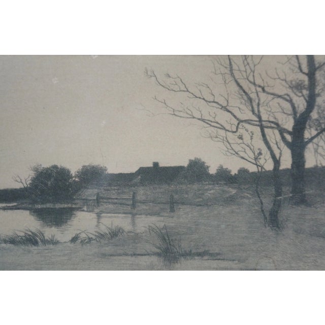 Wood Antique Jn Allen Signed Panoramic Country Farm Pond Landscape Etching 25" For Sale - Image 7 of 10