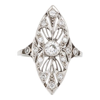 Antique Edwardian Diamond Ring Sz 5 Platinum Navette Cocktail Fine Heirloom For Sale
