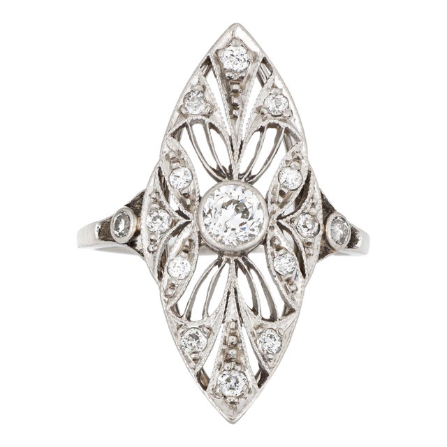 Antique Edwardian Diamond Ring Sz 5 Platinum Navette Cocktail Fine Heirloom For Sale