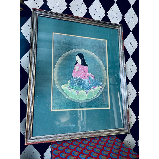 Wood 1980s Large Japanese Chigo Daishi Buddhist Framed Print With Lotus, 23" For Sale - Image 7 of 9