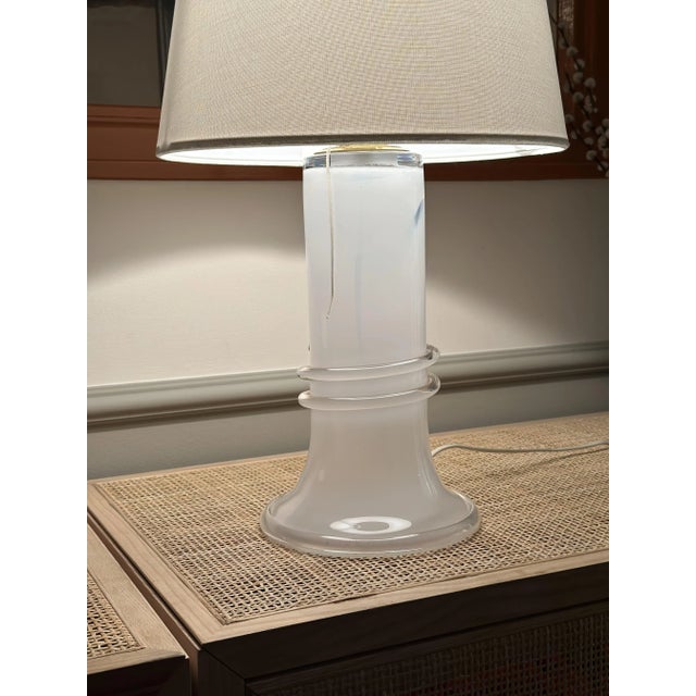Atelje Lyktan Glass Table Lamp with brass stem & body in milky, semi clear white glass. Produced and manufactured in...
