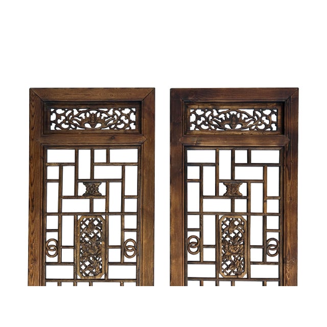 Pair Vintage Tall Flower Bird Geometric Pattern Raw Wood Door Panels For Sale - Image 4 of 6