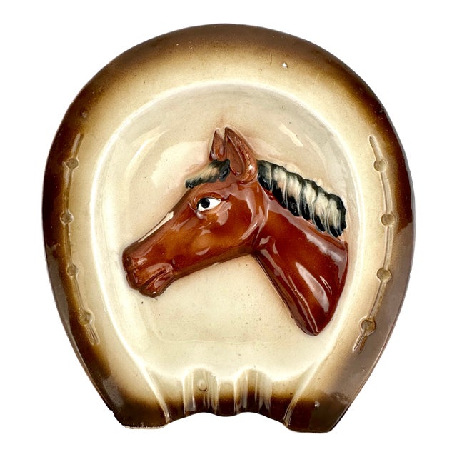 Vintage Mid Century Ceramic Horse Ashtray With Horseshoe Rim For Sale
