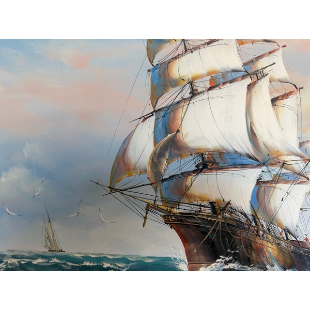 Late 20th Century Ambrose Original Oil Painting Tall Ship at Sea Maritime Nautical Ocean Seascape For Sale - Image 9 of 11